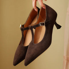 natural suede leather thin high heel pointed toe pumps elegant heeled retro heeled shoes