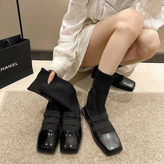 Stylish Square Toe Knitted Sock Boots Platform Boots Black Patent Leather Punk Goth Shoes