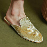 embroidery velvet slip-on flats mules round toe pigskin inside sheepskin insole casual sandals shoes woman