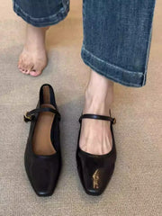 Mary Jane Shoes Retro Square Toe Flat Heel Strap Genuine Leather Soft Shallow Single Shoes