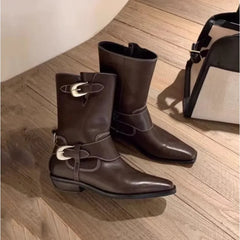 Boots Plush Warm Mid Calf Boots Chelsea Shoes Square Toe Metal Buckle Short Boots