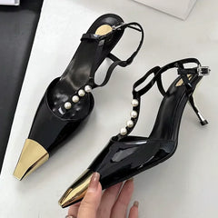 Metal Pointed Toe Stiletto Sandal Pearls Strap Buckle High Heels Party Prom Shoes