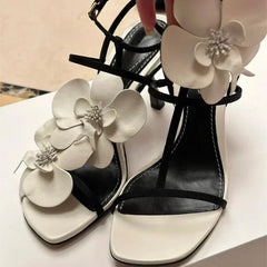 Flower Heels Sandals Open Toe Narrow Band Slingback Shoes Ankle Strap Elegant Party Wedding Shoe Zapatos De Mujer