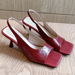 genuine leather thin high heel square toe slip-on sandals elegant evening dress pumps heels daily shoes