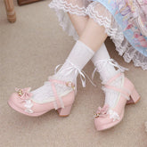 Lolita Pumps Round Toe Thick Mid Heels Cross Strap Buckle Bow Kawaii Cosplay Shoes Beige 46
