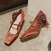 Novelty Side Flower Design Chunky Heel Pumps Elegant Bow Decoration Square Toe High Heels Black Mary Jane Shoes