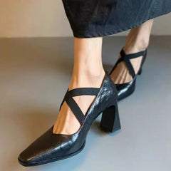 Comfortable Cross-tied Chunky Heel Pumps Elegant Square Toe Shallow Mouth Sandals Office Brand Shoes Tacones Mujer