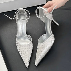 Rhinestone Pointed Toe Thin High Heels Elegant Ankle Strap Buckle Heeled Sandals Banquet