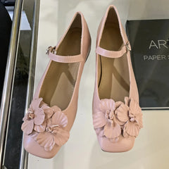 Chunky Heel Flower Mary Jane Shoes Fashions Low Heels Shoes Square Toe Elegant Ballet Shoe Pumps