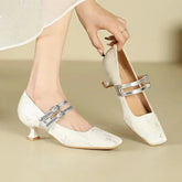 High Heels Silk Square Toe Elegant Comfort Belt Buckle Low Heel Shoes