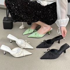 Butterfly-knot Slipper Pointed Toe Slip On Mules Thin Low Heel Zapatos Mujer