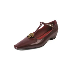 Retro Mary Jane Leather Buckle Thick Heel Square Toe Metal Flower Shoes 34-40