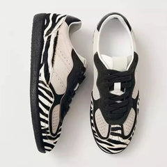 Zebra Stripes Flats Sports Shoes Leather Patchwork Breathable Sneakers Casual Lace Up Comfort Running Shoe