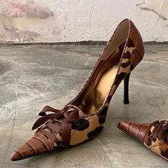 Leopard Print High Heels Pointed Toe Pumps Lace Up Elegant Sandal Rhinestone Party