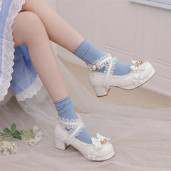 Lolita Pumps Round Toe Thick Mid Heels Cross Strap Buckle Bow Kawaii Cosplay Shoes Beige 46