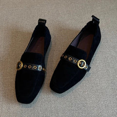 Metal Belt Buckle Design Loafers Retro Suede Square Toe Flats Street Style Comfort Casual Shoe Zapatos Mujer