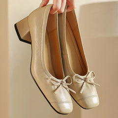Plus size 34-41 sheepskin slip-on pumps 4cm thick low heel sweet bowtie elegant high quality soft comfort shoes