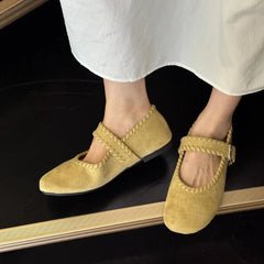 Retro Woven Faux Suede Mary Jane Shoes Metal Buckle Brand Shoes Comfortable Round Toe Shallow Casual Shoe