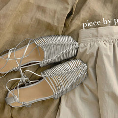 Vintage Woven Hollow Strap Sandals Beautiful Roman Sandals Flat Toe Comfortable Woven Sandals Holiday Party Shoes