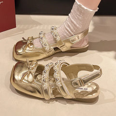 Pearl Bow Mary Jane Leather Shoes Flats Sandals Square Toe Slippers Lolita Mujer Zapatillas
