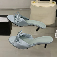 Silk Butterfly Knot Sandals Shallow Open Toe Thin Low Heels Mules Slides Shoes Zapatos Mujer