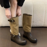 Belt Buckle Knight High Boots Thick Heel Shoes Vintage Slip On Slim Long Booties Zapatos De Muje