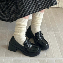 College Style Platform Loafers Shoes Shallow Slip On Shoes Elegant Thick Heel Leather Shoes