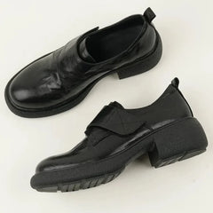 Round Toe Chunky Heels Loafers Casual Elegant Leather Slip On Mid Heels Shoes