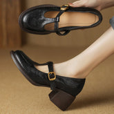 sheepskin chunky heel round toe t-strap slip-on pumps British style retro med heeled shoes