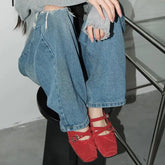 Rivet Decorated Ballet Flat Shoes with Bow Design Shoes with Square Toe Buckle Shallow Mouth Loafers