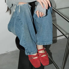 Rivet Decorated Ballet Flat Shoes with Bow Design Shoes with Square Toe Buckle Shallow Mouth Loafers