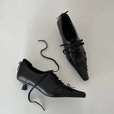 Retro Square Toe Lace Up Leather Pumps Temperament Niche Mid Heel Shoes Versatile Soft Shoes Comfortable