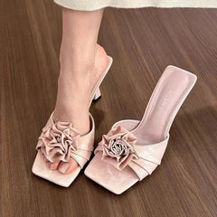 Shoes Woman Low Loafers Slippers Mules Cover Toe Slides Flower Pointed Fabric Rubbe