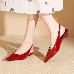 Delicate Red Shiny Leather Sandals Woman Slingback Low Heels Shoes Party Brides Tacones Mujer Pointed Toe Flats Sandalias