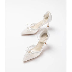 and pointed hollow lace bow low-heeled wedding shoes thin high-heeled banquet dress small size sandals
