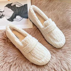 Plus Size 34-43 Wool Shoes Warm Cotton Loafers Femmes Lambswool Moccasins Slip On Round Toe Sheep Fur Flats