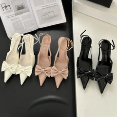 Bowknot Pointed Toe Ankle Strap High Heeled Shoes Brand Thin High Heel Backless Sweet Pumps