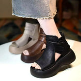 Hollow Breathable Hole Shoes Thick Sole Leather Fish Mouth Hook Loop Retro Comfortable Wedge Sandal Plus Size 43