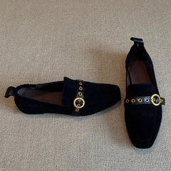 Metal Belt Buckle Design Loafers Retro Suede Square Toe Flats Street Style Comfort Casual Shoe Zapatos Mujer