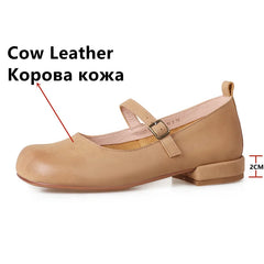 Vintage Round Toe Low Heels Genuine Leather Casual Office Working Shoes Woman Retro Style
