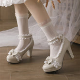 Ankle Strap Lolita Pumps Round Toe Thick High Heels Buckle Ruffles Bow Kawaii Cosplay Shoes Autumn