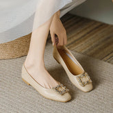 Rhinestone Lace square buckle Square Closed Toe Slip On Flat Shoes Solid