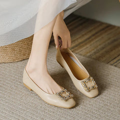 Rhinestone Lace square buckle Square Closed Toe Slip On Flat Shoes Solid