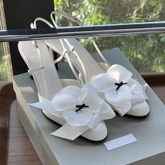 White Flower Sandals Round Toe Black Bow Detail Hollow Slingback Buckle Stiletto Heels Party Dress