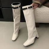 White Square Toe Belt Buckle Shaped Heel Knight Boots Woman Black Slip-On Thick Heel Knee-High Boots Shoes