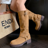 natural suede leather slip-on knee high boots thick sole platform flats long boots metal buckle punk shoes