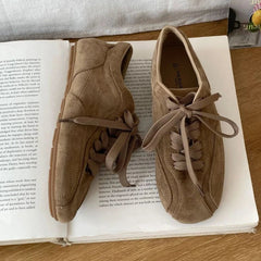 Retro Lace Up Flat Shoes Coyz Square Toe Ballet Sneakers Lightweight Non-Slip Outdoor Walking
