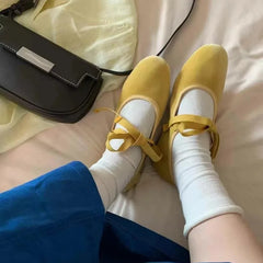 Bow Bandage Velvet Flats Shoes Elegant Round Toe Shallow Ballet Shoes Casual Streetwear Mary Janes
