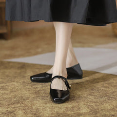 Square Toe Brown leather mary janes shoes woman retro ankle strap flats shallow mouth moccasins comfy ballerina shoes
