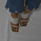 Brand Desigh Gold String Bead Pearl Wrap Slip On Thin Heels Party Elegant Bride Wedding